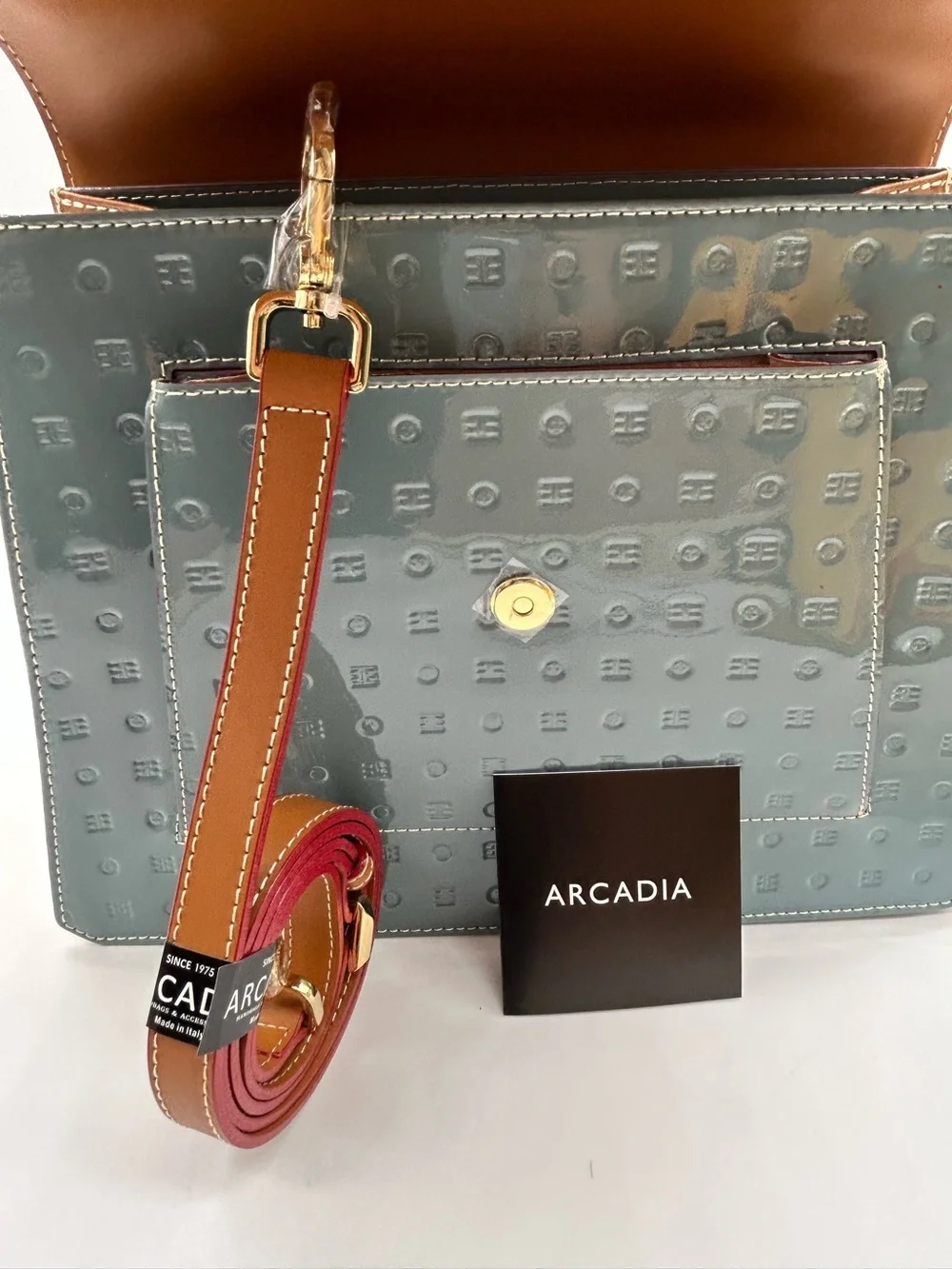 Arcadia Patent Leather Crossbody Bag Blue Tan Made in Italy New With Tag